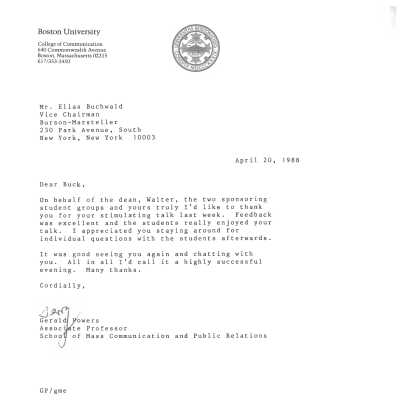 Letter from Gerald Powers addressed to Elias "Buck" Buchwald