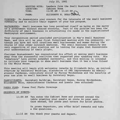 memo: re: Leaders from the Small Business Community from: Elizabeth H. Dole