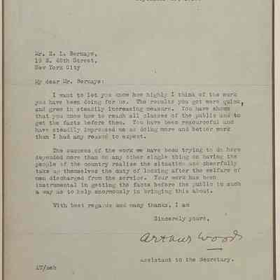 Copy of Letter to Mr. (Edward) Bernays from Arthur Woods, Assistant to the Secretary, War Department, Washington