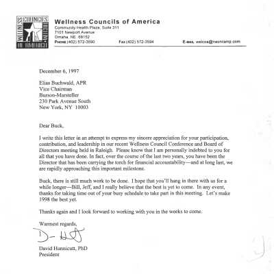Thank You Letter from David Hunnicutt addressed to Elias " Buck" Buchwald