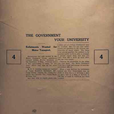 WWI Mat #4 from the Office of Assistant to Secretary of War: The Government Your University: Enlistments Wanted for Motor Transport
