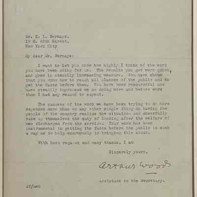Letter to Mr. (Edward) Bernays from Arthur Woods, Assistant to the Secretary, War Department, Washington