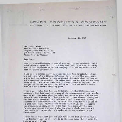 Thank you letter to Inez Kaiser from Warren Gerz, Lever Brothers Company