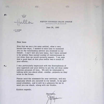Thank you letter to Inez Kaiser from J. D. Kaiser, president, Halls
