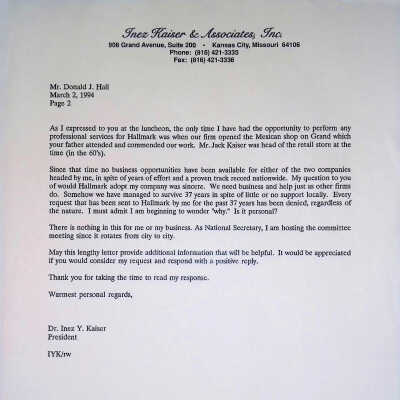 Letter from Inez Y. Kaiser to Donald J. Hall, 1994