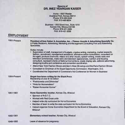 Resume and company backgrounder on Inez Kaiser