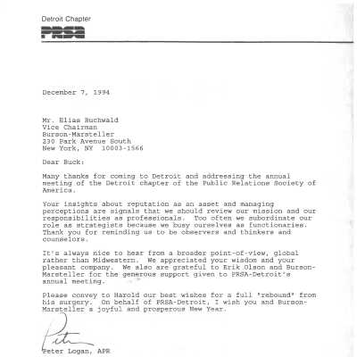 Letter from Peter Logan addressed to Elias "Buck" Buchwald