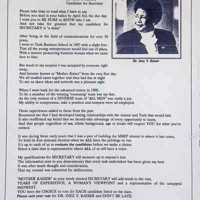 Inez Kaiser campaigning for her candidacy for Secretary to MBEP Alumni