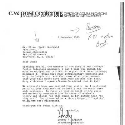 Letter from Andrew Borraci Addressed to Elias "Buck" Buchwald