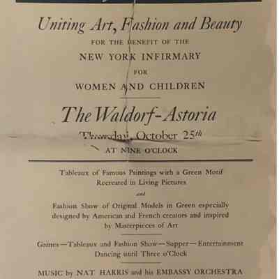 Poster for The Green Ball, uniting art, fashion and beauty for the benefit of the New York Infirmary for Women and Children at the Wakldorf-Astoria, Thursday, October 25, (year not stated)
