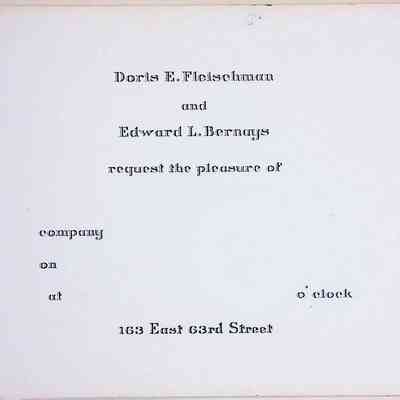 Postcard invitation with blank spaces: Doris E. Fleischman and Edward L. Bernays request the pleasure of ___ company on ___ at ___ o'clock, 163 East 63rd Street
