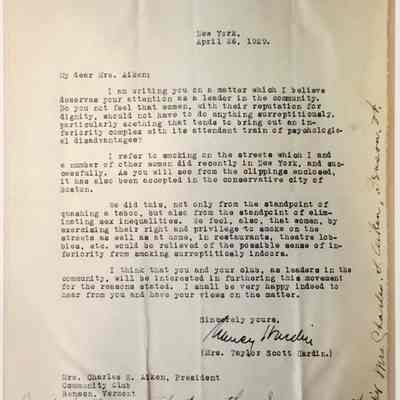 Letter by Mrs. Taylor Scott Hardin, as part of campaign to get women to smoke openly in public, encouraging the recipeint's club to help furthering the movement and to hear views on the subject.