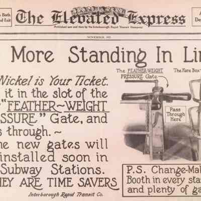 The Elevated Express: three ads: No More Standing In Line; The Subway or "L" Ride is Still a Nickel; Fire Proof