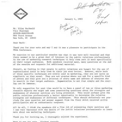 Letter from Brian Yeatman addressed to Elias "Buck" Buchwald
