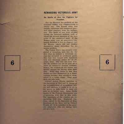 WWI Mat #6 from the Office of Assistant to Secretary of War: Rewarding Victorious Army: No Spoils of War for Fighters for Freedom