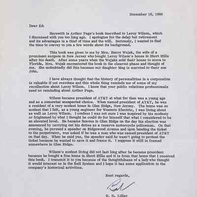 Letter from R. D. Lilley to Ed Block, 1980