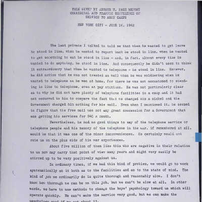 Talk Given by Arthur W. Page before Commercial and Traffic Conference on Service to Army Camps