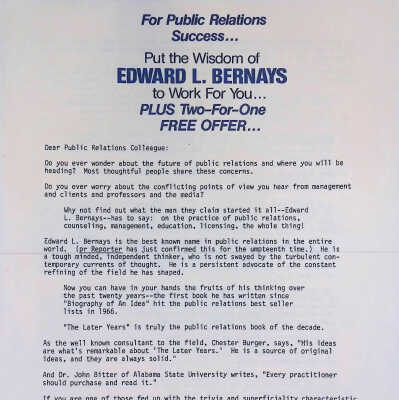 For Public Relations Success … Put the Wisdom of Edward L. Bernays to work for you … Plus two-for-one Free offer …