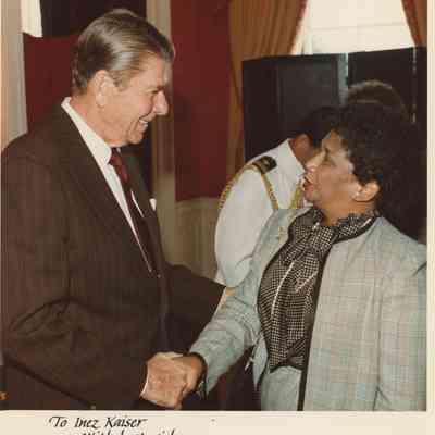 Photo of Inez Kaiser with President Reagan