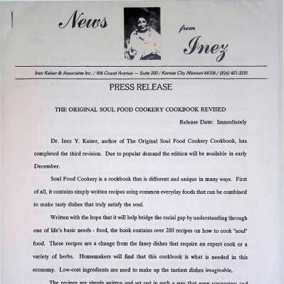 Press release: New from Inez: The Original Soul Food Cookery Cookbook Revised