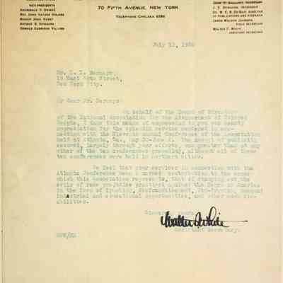 Letter to Edward Bernays of appreciation for service rendered for the eleventh annual conference of the NAACP in Atlanta May 30–June 2, 1920 for contributions to stamping out the evils of race prejudice against the Negro in America.