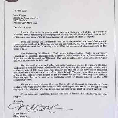 Letter Addressed to Inez Kaiser from University of Missouri in 1993