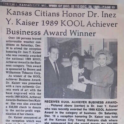 "Kansas Citians Honor Dr. Inez Y. Kaiser 1989 KOOL Achiever Business Award Winner," The Call