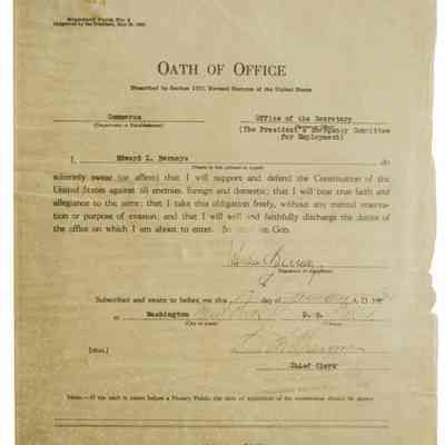 Oath of Office signed by Edward Bernays for Advisor at $5,600 anum Department of Commerce