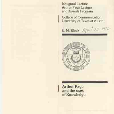 Inaugural Lecture: Arthur Page Lecture and Awards Program, "Arthur Page and the Uses of Knowledge"
