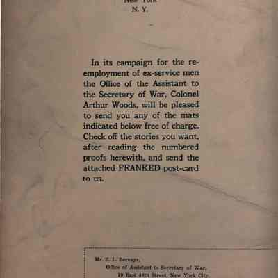 WWI Mats from the Office of Assistant to Secretary of War: cover page and postcard