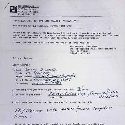 Pre-Seminar Questionnaire ("Two Days With Edward L. Bernays (P311)"