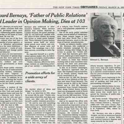 Edward Bernays, 'Father of Public Relations' And Leader in Opinion Making, Dies at 103
