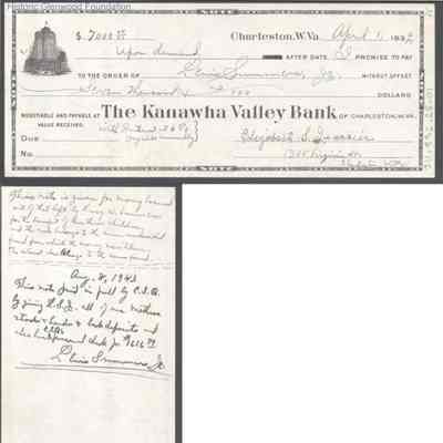 Elizabeth S. Quarrier check to Lewis Summers, Jr., Apr 1, 1939