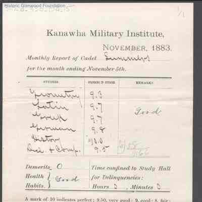 George W. Summers, Progress Report, Kanawha Military Institute, Nov 5, 1883