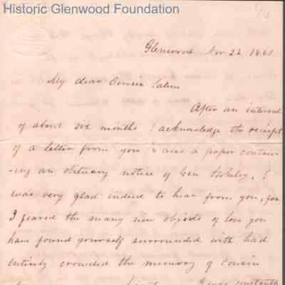 Amacetta Laidley Summers to cousin Saline [Hite], Nov 22, 1861