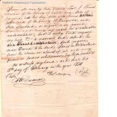 James McFarland slave purchase agreement, Feb 18, 1820