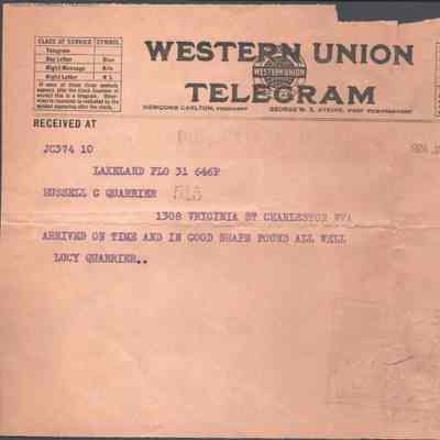 Telegram to Russell G. Quarrier from Lucy S. Quarrier, Jan 31, 1924