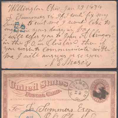 Postcard to Lewis Summers from N. E. Marcy, Jan 29, 1874