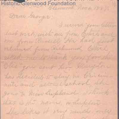 George W. Summers from Elizabeth S. Quarrier, Nov 6, 1887