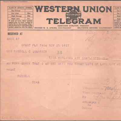 Telegram to Elizabeth S. Quarrier from Russell G. Quarrier, Nov 21, 1917