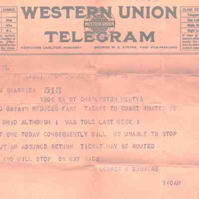 Telegram from George Summers to Russell Quarrier as referenced in letter