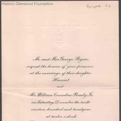 Lewis & Lucy W. Summers, invitation to Harriet Byrne and William C. Pressly, Jr. wedding, Dec 10, 1921