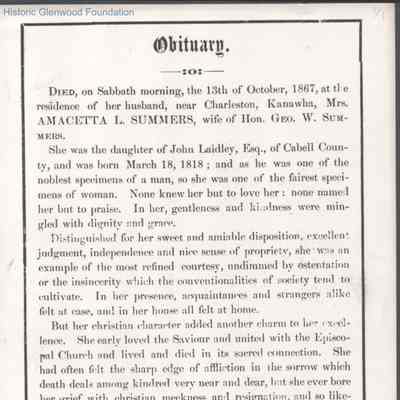 Obituary of Amacetta Laidley Summers, 1867
