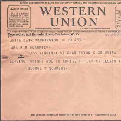 Telegram to Elizabeth S. Quarrier from George W. Summers, Feb 20, 1930