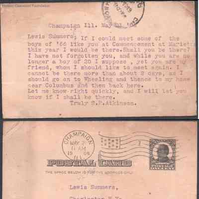 Postcard to Lewis Summers from S. P. Atkinson, May 21, 1908