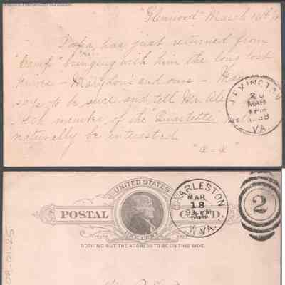 Postcard to Russell G. Quarrier from Elizabeth S. Quarrier, Mar 16, 1888