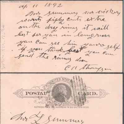 Postcard to Lewis Summers from C. H. Thompson, Apr 11, 1892