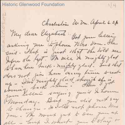 Elizabeth G. Quarrier from Elizabeth S. Quarrier, Apr 6, 1926