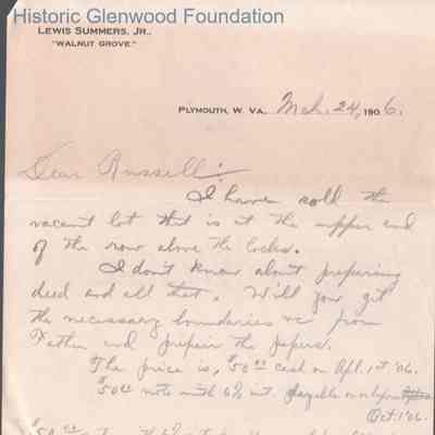 Russell G. Quarrier from Lewis Summers, Jr., Mar 24, 1906