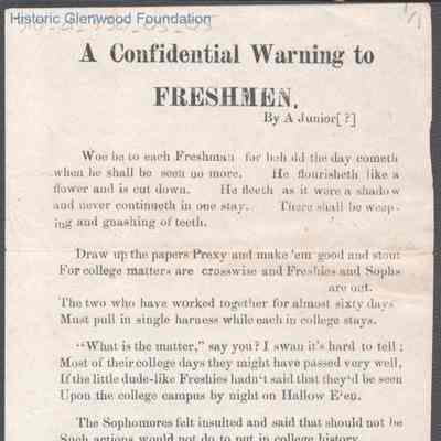 Marietta College Facetious Warning to Freshmen, no date